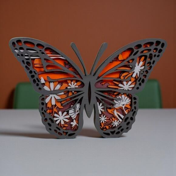 Layered Wooden Butterfly Decor with Floral Cutouts | 8.6 in Wall or Shelf Accent - Picture 5 of 5